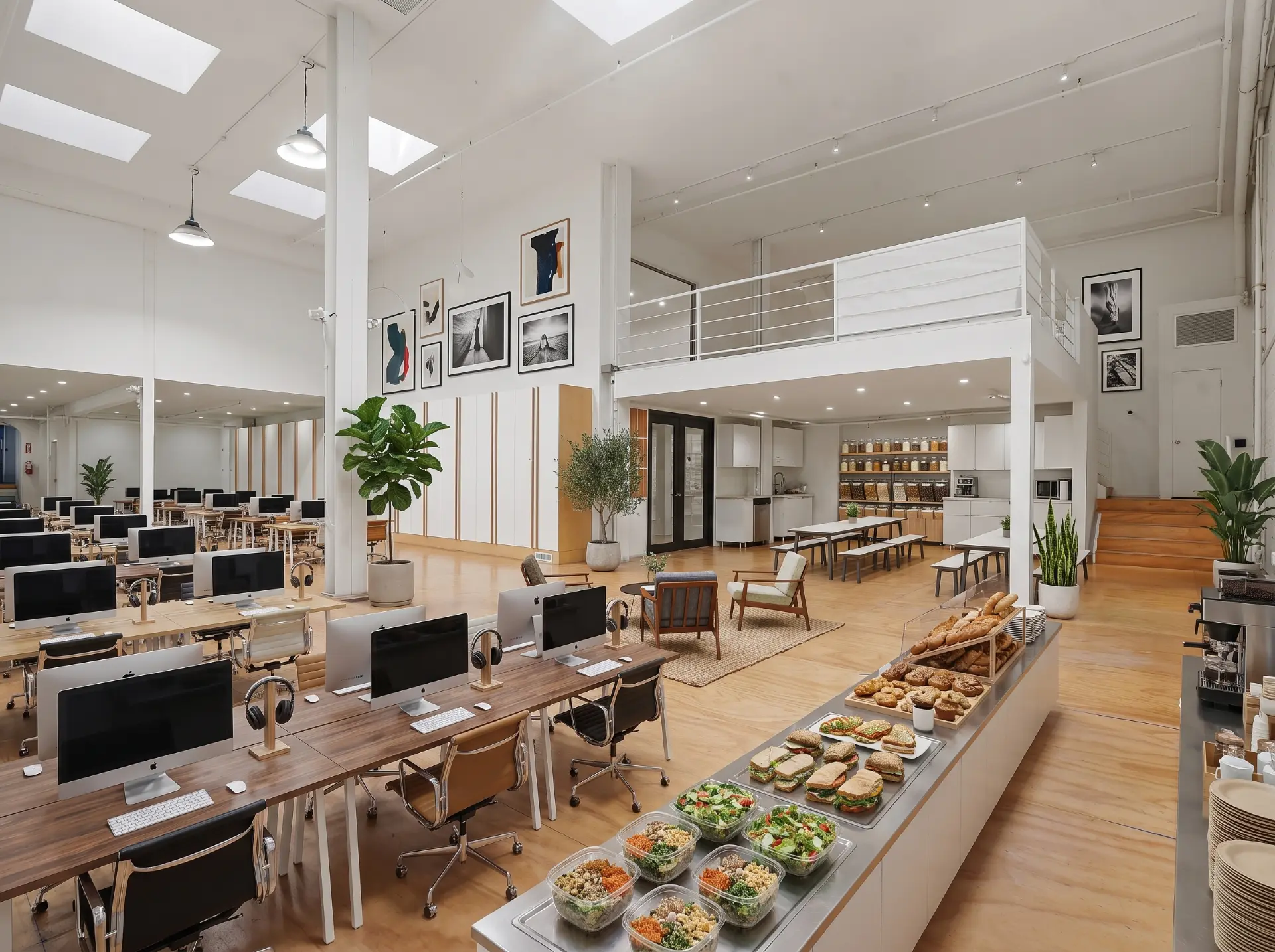 The PLAYE Campus main floor with rows of desks, a lofted mezzanine and a café counter