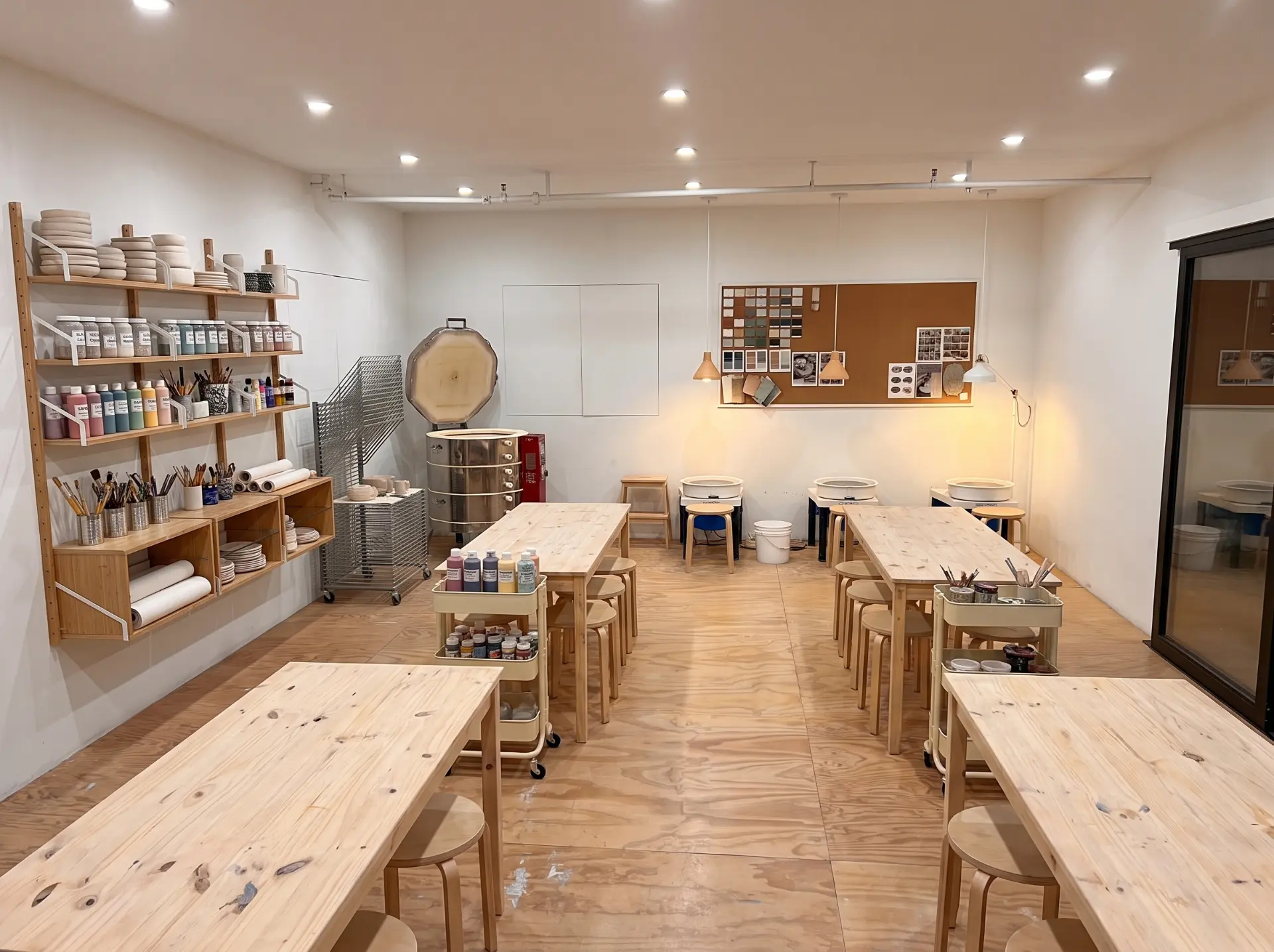 Bright art studio with worktables, glazes, brushes and a kiln