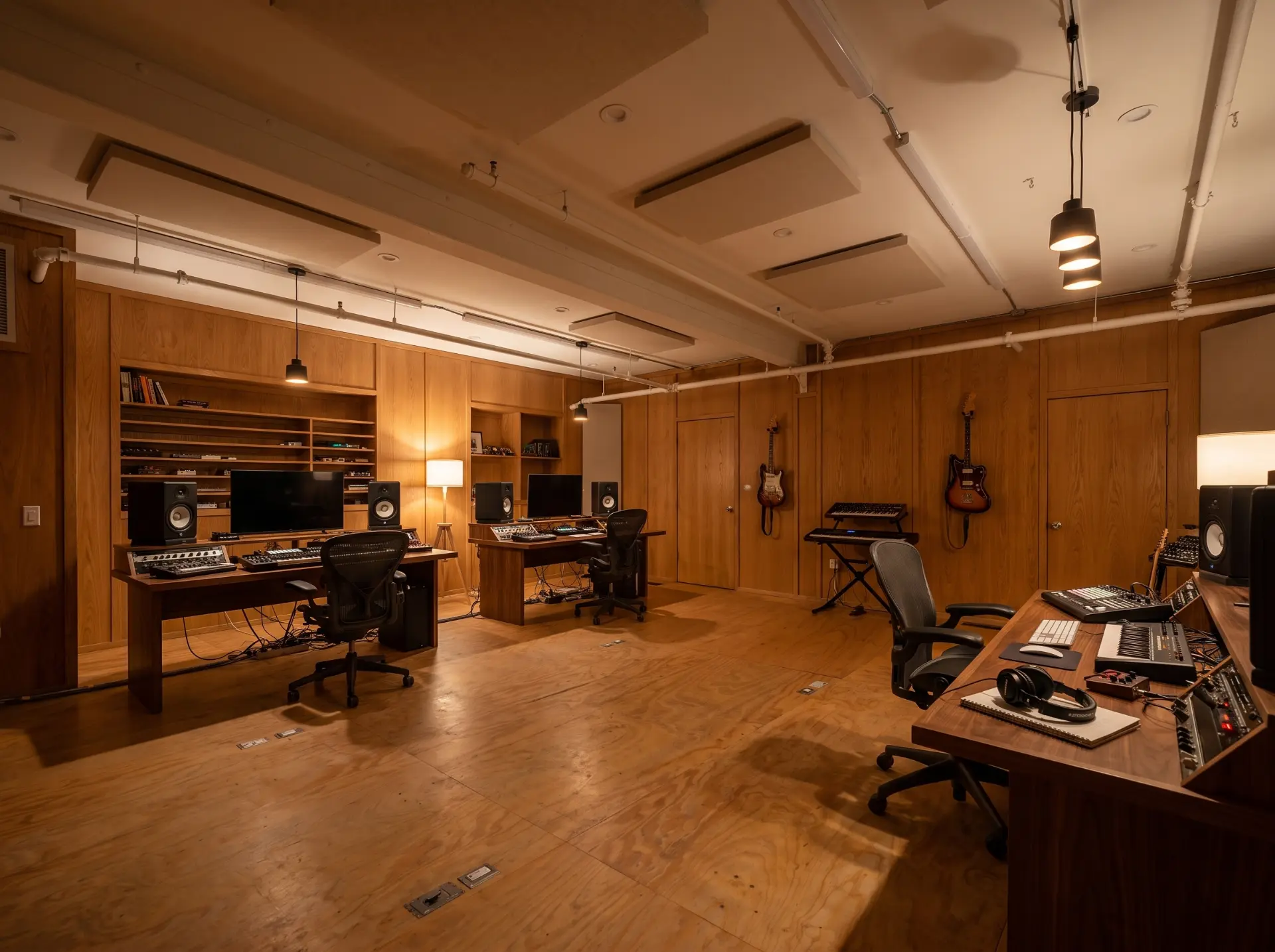 Wood-panelled music studio with monitors, synths and guitars on the wall