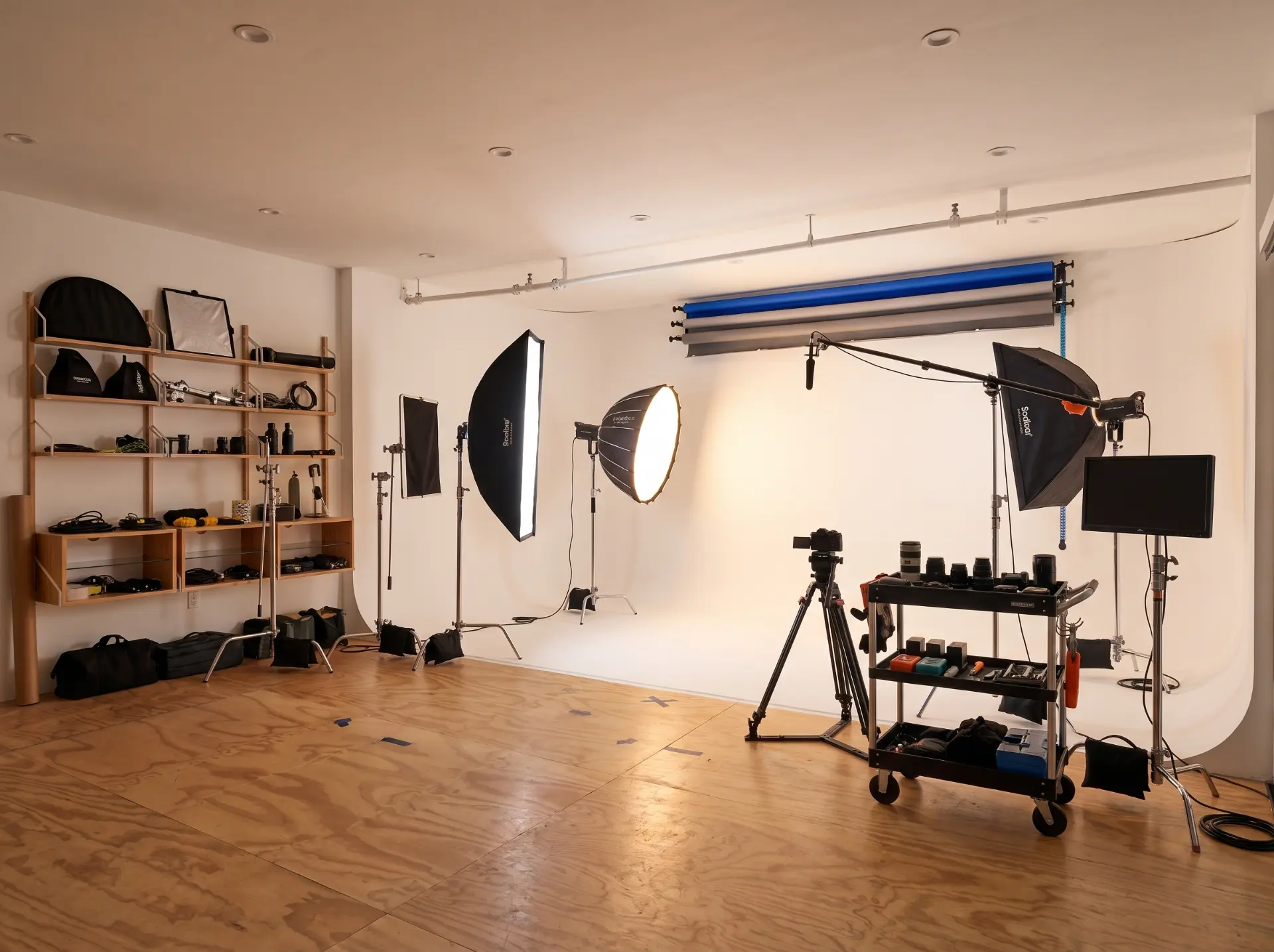 Photo studio with white cyclorama wall, softboxes and a camera cart