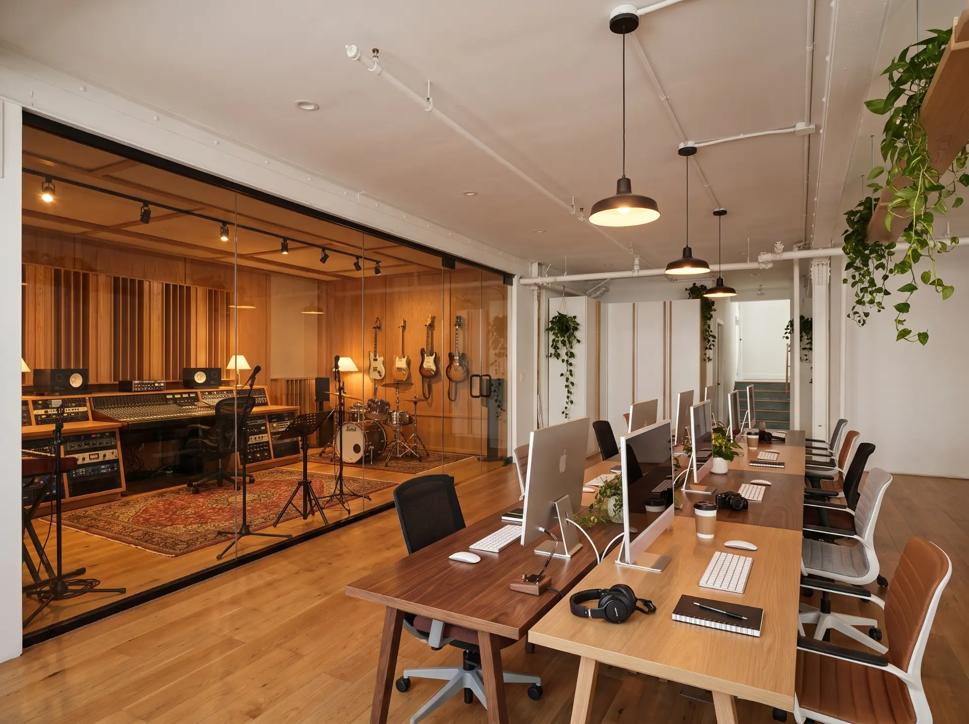 Workspace desks alongside a glass-walled recording studio at PLAYE Campus